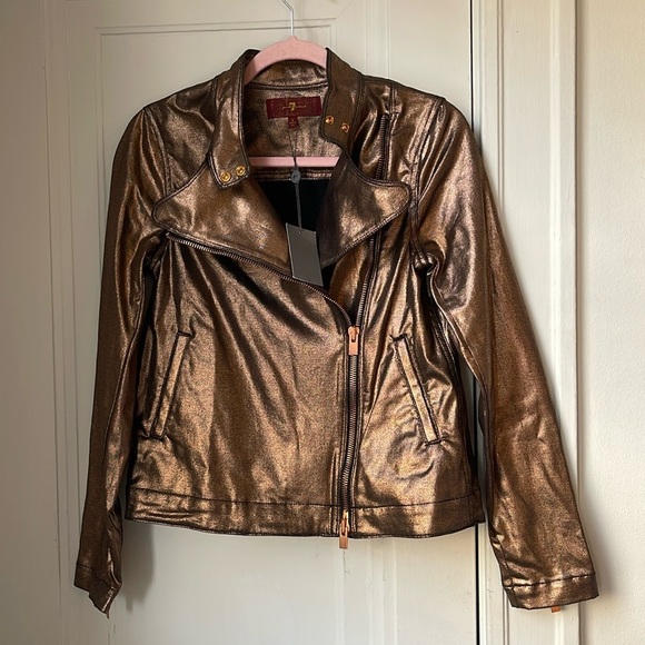 NWT Seven for all Mankind Gold Metallic Jean Motorcycle Jacket - Picture 1 of 9
